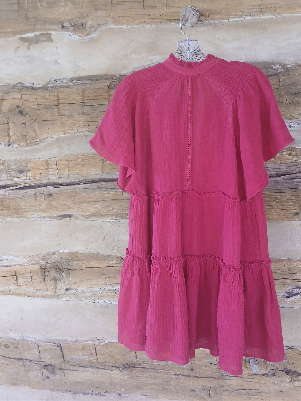 Karlie Red Flutter Sleeve Tiered Linen Cotton Mini Dress Medium - Picture 5 of 9